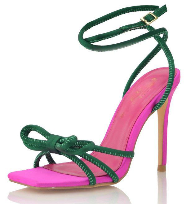 Trendy High Heel Sandals With Sculpted Heel, Trendy Sandals With Sculpted High Heel, Pink Synthetic Heels For Party, Green High Heels With Heel Loop, Trendy High Heel Eva Sandals, Green High Heel Shoes With Heel Loop, Trendy Wrapped Heel Party Heels, Trendy Pink High Heels, Trendy High Heel Party Heels