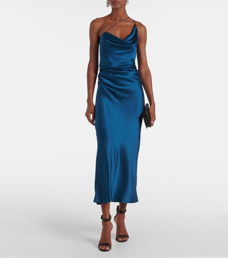 One-shoulder silk satin maxi dress in blue - The Sei | Mytheresa Pre-draped Silk Evening Dress With Satin Finish, Pre-draped Satin Maxi Dress, Pre-draped Silk Slip Dress For Gala, Pre-draped Sleeveless Silk Satin Dress, Pre-draped Satin Slip Dress For Evening, Pre-draped Satin Finish Maxi Dress For Formal Occasions, Formal Pre-draped Maxi Dress With Satin Finish, Formal Pre-draped Satin Finish Maxi Dress, Silk Dress With Satin Finish For Evening