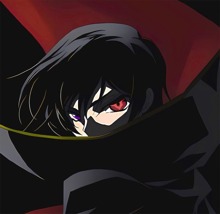 an anime character with red eyes peeking out from behind a black cloaked man's back