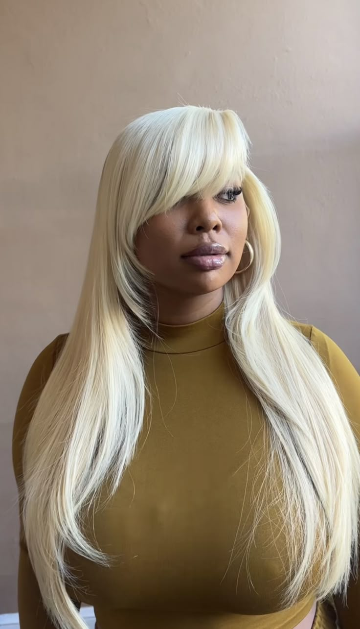 Bob Hairstyles White Women, Blonde Layered Wig Black Women, Blonde Closure Quick Weave, 30in 613 Wig, 2 Tone Color Hair, Side Part Feathered Bangs, Elegant Blonde Hairstyles, Asymmetrical Bangs Long Hair, Blonde Layered Hair Black Women