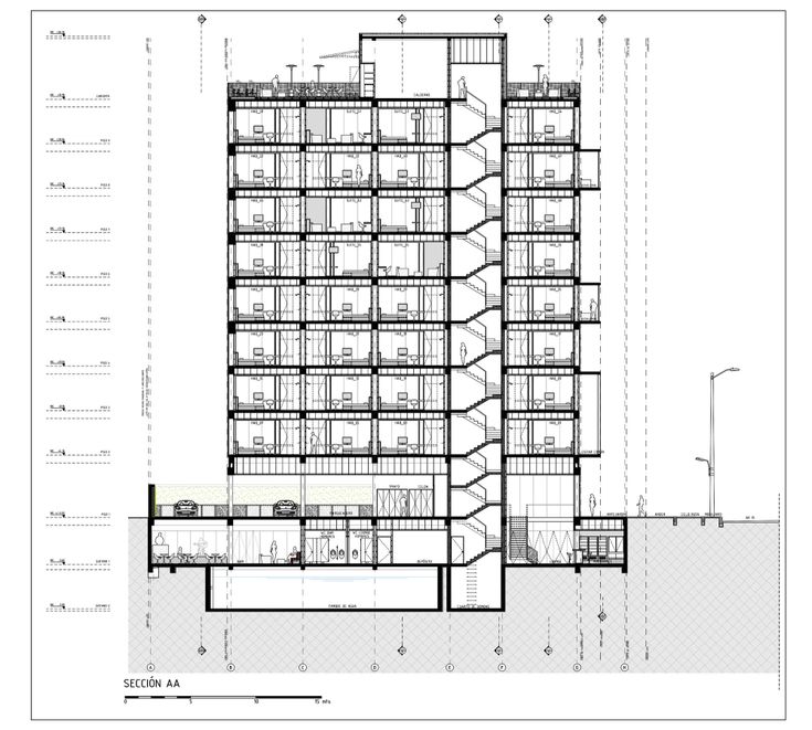 an architectural drawing shows the floor plan for a building with multiple floors and balconies