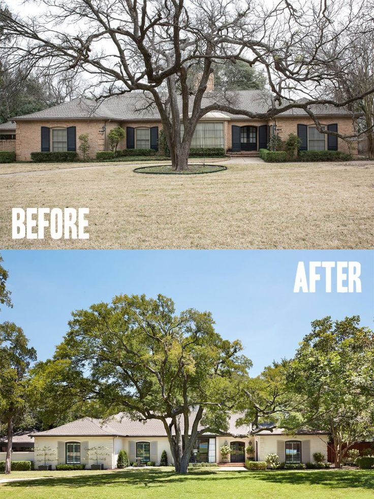 before and after photos of a house in the middle of a field with trees on both sides