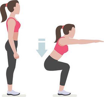 a woman doing squat exercises with the help of an exercise guide on her back and right arm