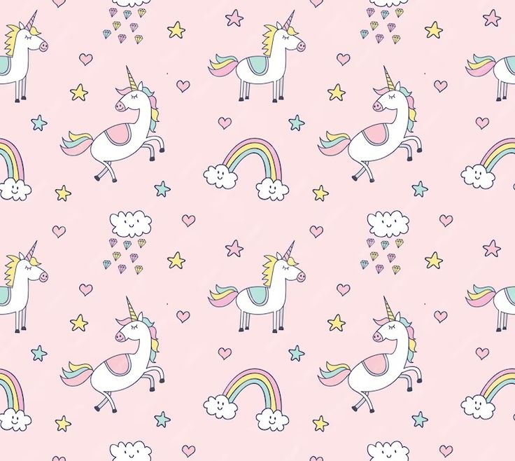 a pink background with unicorns and stars