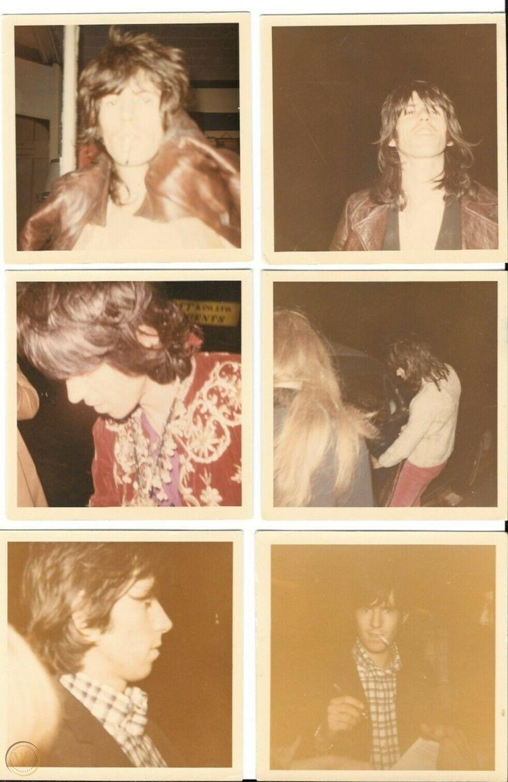 four polaroid photos of the same person in different poses, one with long hair