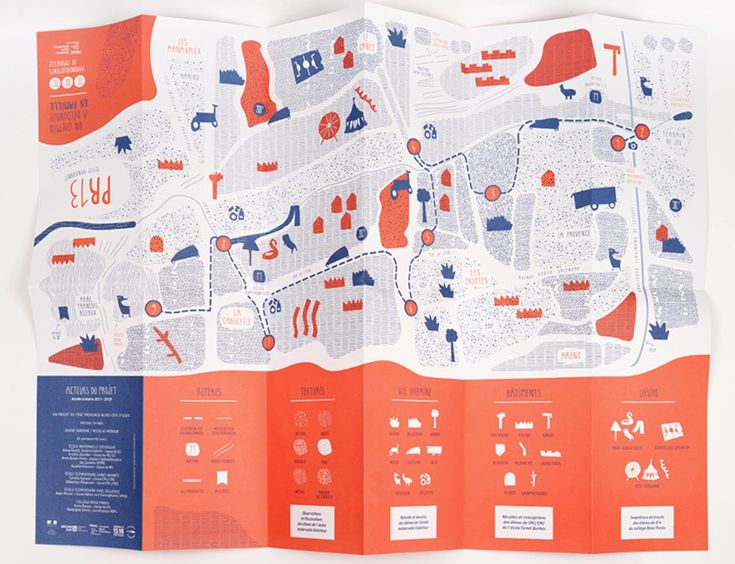 an orange and blue brochure is open to show the city's streets