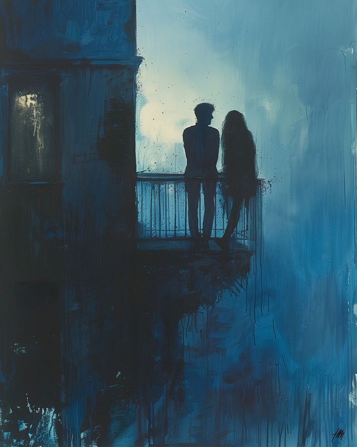 two people standing on a balcony in the rain