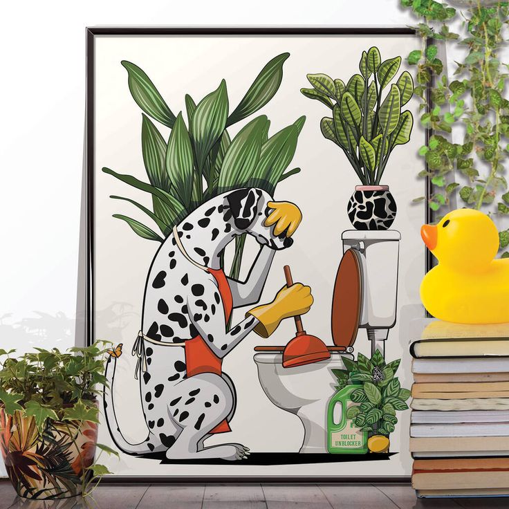 a painting of a dalmatian dog on a toilet with plants in the background