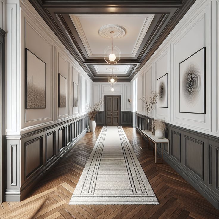 Create a highly detailed, realistic image of a modern colonial-style hallway. The hallway should include historical elements, such as dark wood wainscoting, wide plank floors, and classic, white, paneled walls. Additionally, modern touches should be present like minimalistic artworks, contemporary light fixtures, and a runner rug with a trendy design. This image is intended to serve as inspiration for a home remodel. Classic Corridor, Dramatic Hallway, Office Ceiling Design, Elegant Hallway, Hallway Design Ideas, Japandi Interior Design, Hotel Hallway, Grand Entryway, Corridor Design