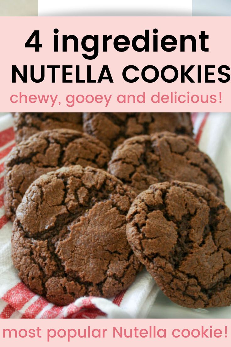 four ingredient nutella cookies on a red and white checkered towel with text overlay