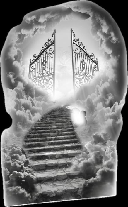 a stairway leading up to an open door in the sky with clouds and light coming from it