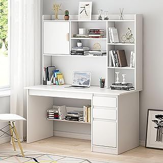 a white desk and chair in front of a window with bookshelves on it