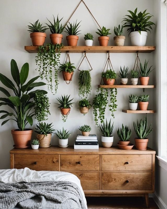 there are many potted plants on the wall in this room, and one is hanging above the bed