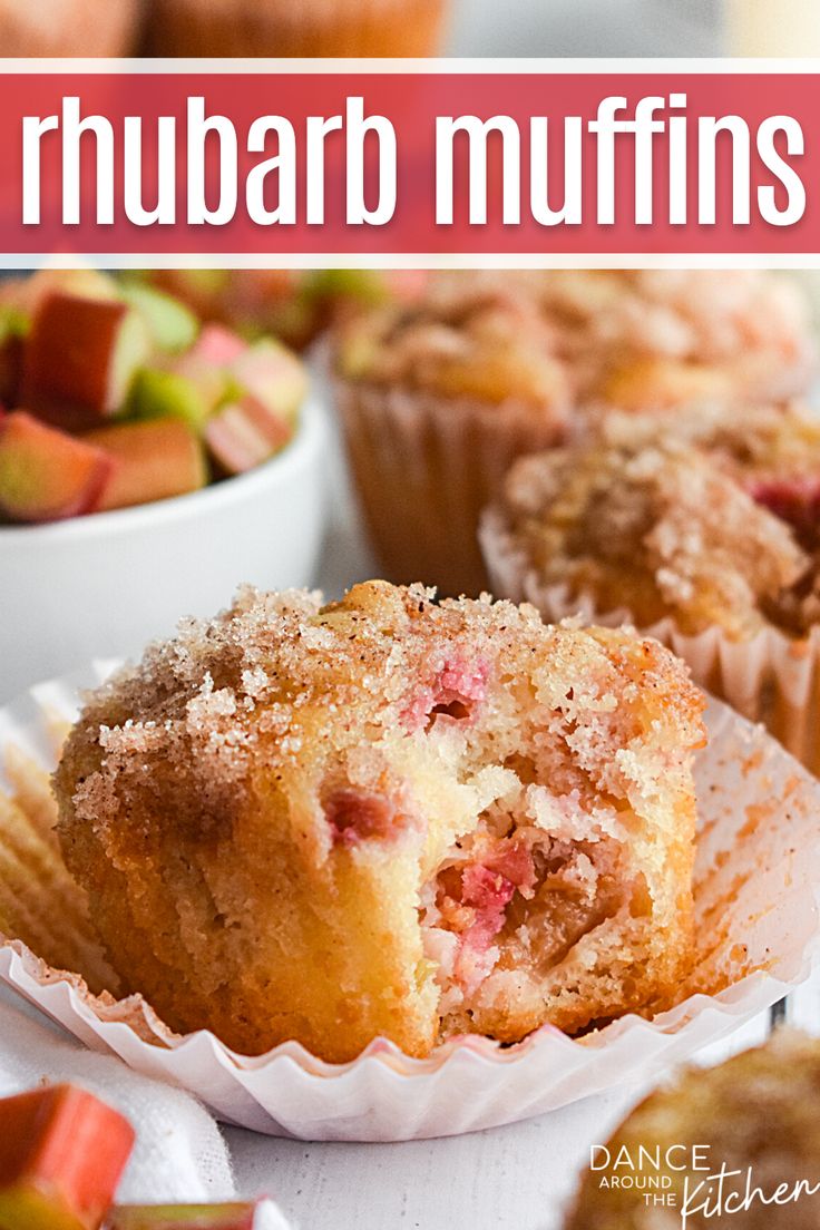 rhubarb muffin with a bite out of it sitting on a muffin liner Rhubarb Crisp Muffins, Old Fashioned Rhubarb Pie, Rubarbe And Strawberry Recipe, Sour Cream Rhubarb Muffins, Rhubarb Sour Cream Muffins, Rhubarb Cinnamon Muffins, Rhubarb Crumble Muffins, Desserts With Rhubarb, Rhubarb Raspberry Muffins