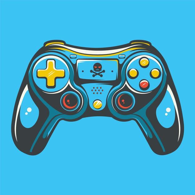 a video game controller with a skull and crossbones on the front, against a blue background