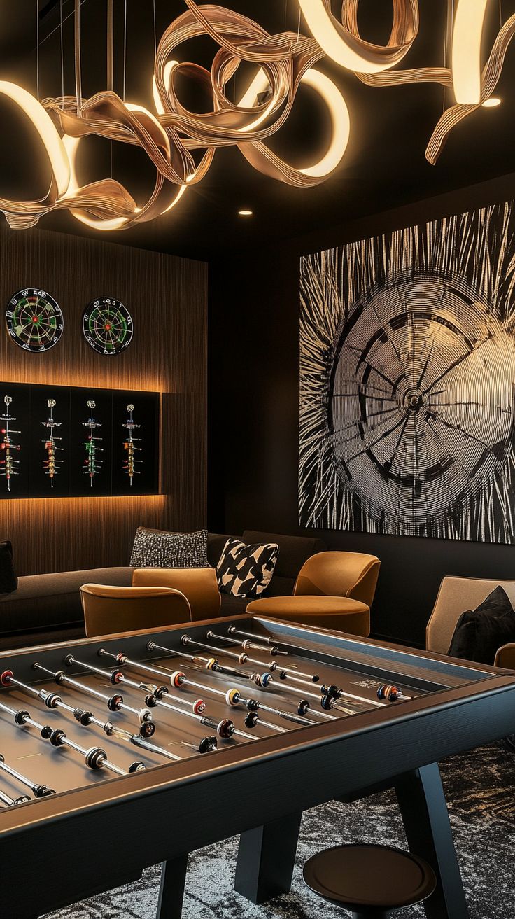 a foo - pong table in the middle of a room with lights hanging from the ceiling