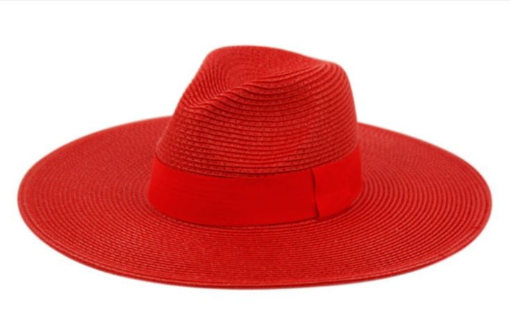 Red Wide Brim Straw Panama Hat Trendy Wide Brim Solid Boater Hat, Trendy Solid Color Wide Brim Boater Hat, Red Bucket Straw Hat For Vacation, Red Bucket Hat For Vacation, Red Bucket Straw Hat For Summer, Red Straw Hat For Spring Beach, Adjustable Solid Fedora Straw Hat, Red Straw Hat For Summer Vacation, Red Summer Straw Bucket Hat