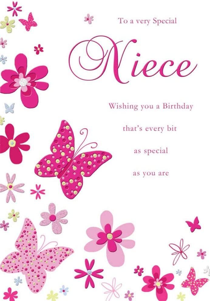 a birthday card with pink butterflies and flowers on the front, says niece wishing you a birthday that's every bit as special as you are