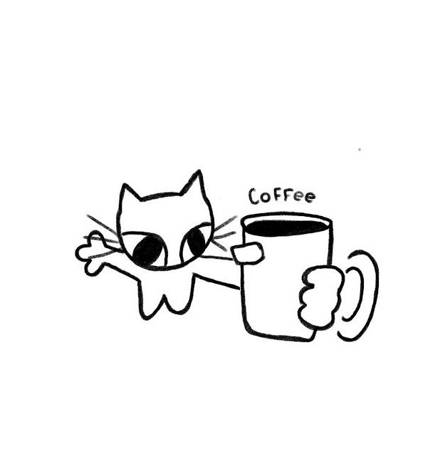 a black and white drawing of a cat holding a coffee cup with the word coffee written on it