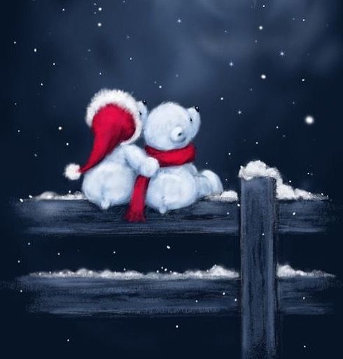 a white teddy bear sitting on top of a wooden fence under a christmas sky with stars