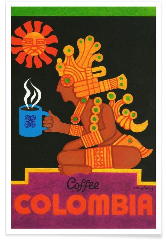 a painting of a woman holding a cup of coffee with the word colombia on it