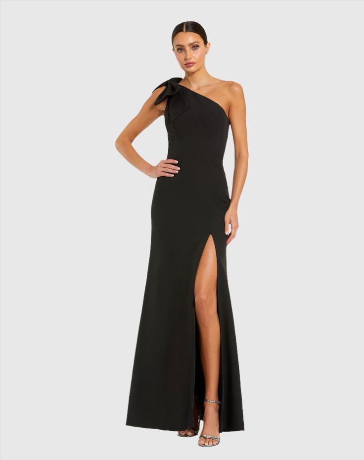 Crepe One Shoulder Fitted Gown With Bow One Shoulder Evening Dress With Side Slits For Prom, One Shoulder Floor-length Dress With Side Slits For Gala, One-shoulder Floor-length Dress With Side Slits For Gala, Elegant One-shoulder Gown With Side Slits, Elegant Off-shoulder Evening Dress With Side Slits, Formal Evening Dress With Side Slits For Prom, Formal One-shoulder Evening Dress For Gala, One-shoulder Formal Evening Dress For Gala, One Shoulder Gown With Side Slits For Party