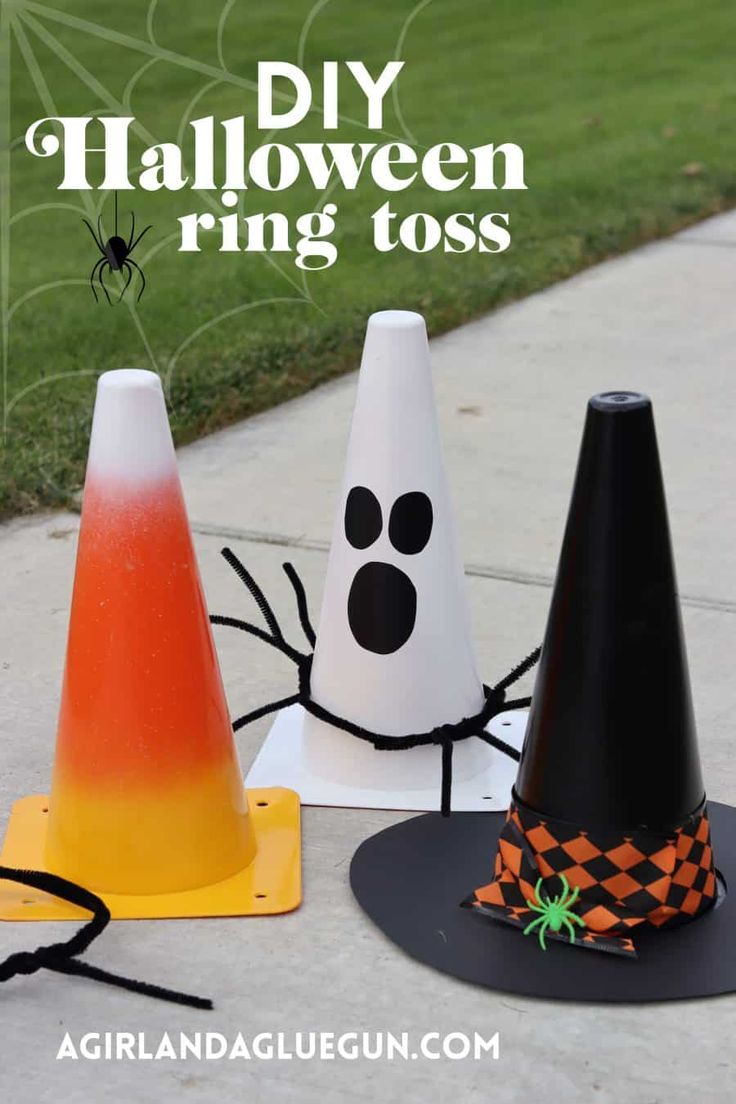 three halloween decorations are sitting on the sidewalk with text overlay that says diy halloween ring tosses