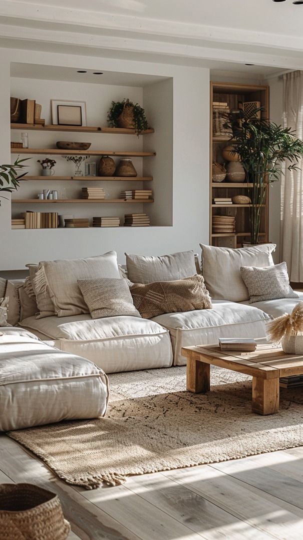 a living room filled with lots of white furniture