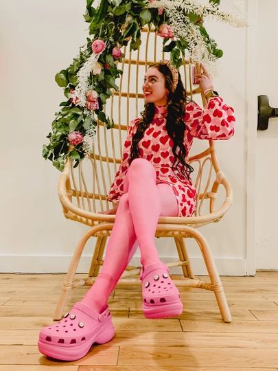 Crocs Outfit Ideas, Croc Outfits, Platform Outfit, Valentines Galentines, Rattan Egg Chair, Crocs Outfit, Platform Crocs, Valentines Outfit, High Heel Sandals Platform