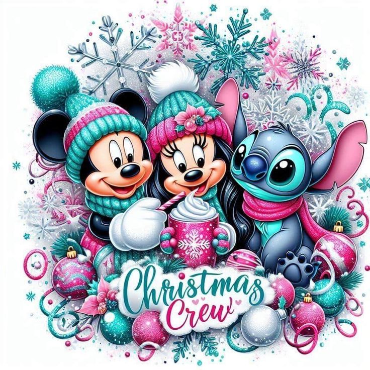 two cartoon characters are standing next to each other in front of snowflakes and christmas decorations