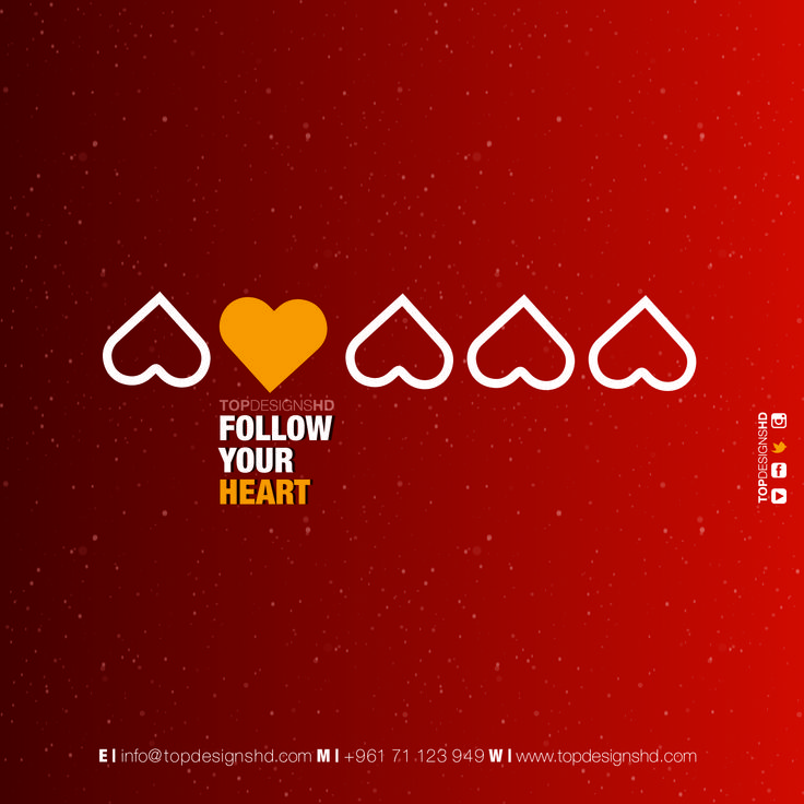 a red background with white hearts and the words follow your heart written in yellow on it