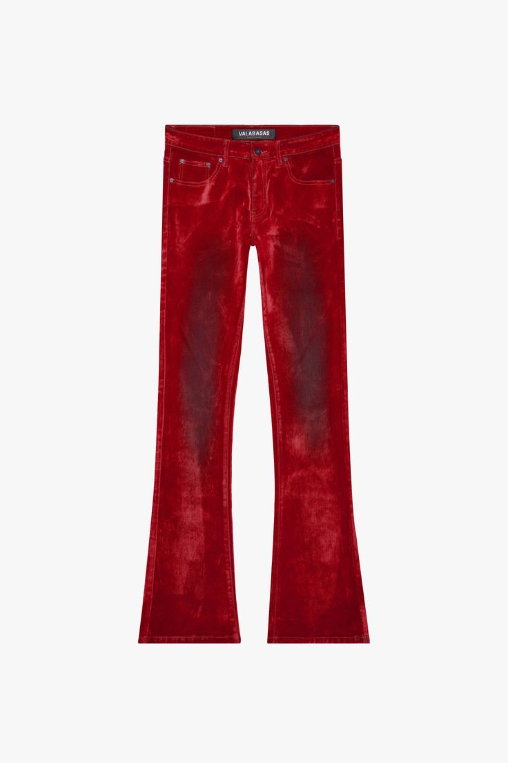 "LUXE" RED SUEDE STACKED FLARE JEAN Luxury Red Fitted Bottoms, Luxury Fitted Red Bottoms, Red Wide Leg Flare Jeans For Fall, Trendy Red Flare Jeans, Trendy Fitted Red Flare Jeans, Fitted Red Jeans For Fall, Chic Fitted Red Jeans, Red Five-pocket Pants For Fall, Red Pants With Five Pockets For Fall