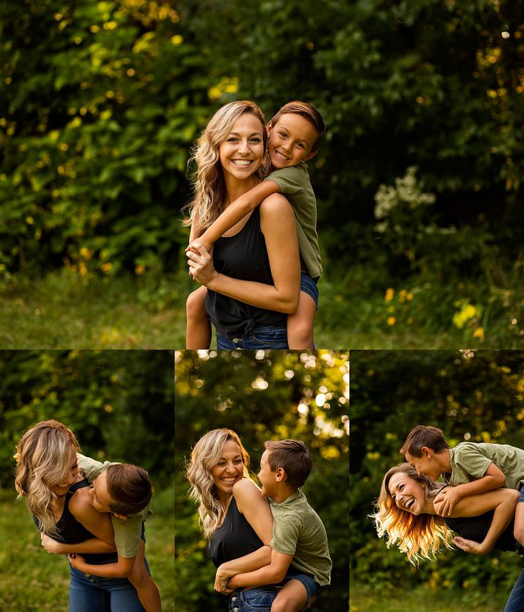 two people hugging each other in front of trees and bushes, with one person holding the other