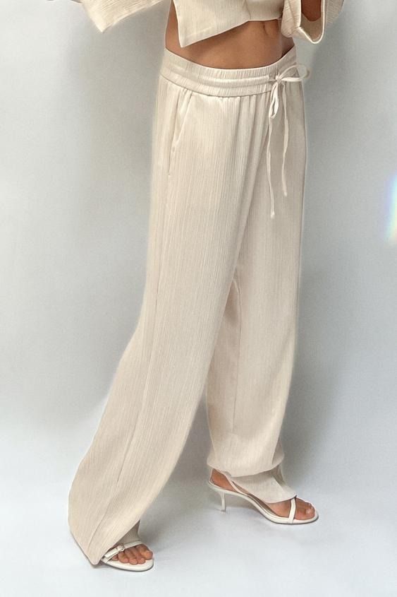 WRINKLED EFFECT WIDE LEG PANTS - Sand | ZARA United States Cardigan Sweater Jacket, Knitwear Cardigan, High Waisted Trousers, Linen Dresses, Zara United States, Drawstring Waistband, Wide Leg Trousers, Linen Shirt, Sweater Jacket