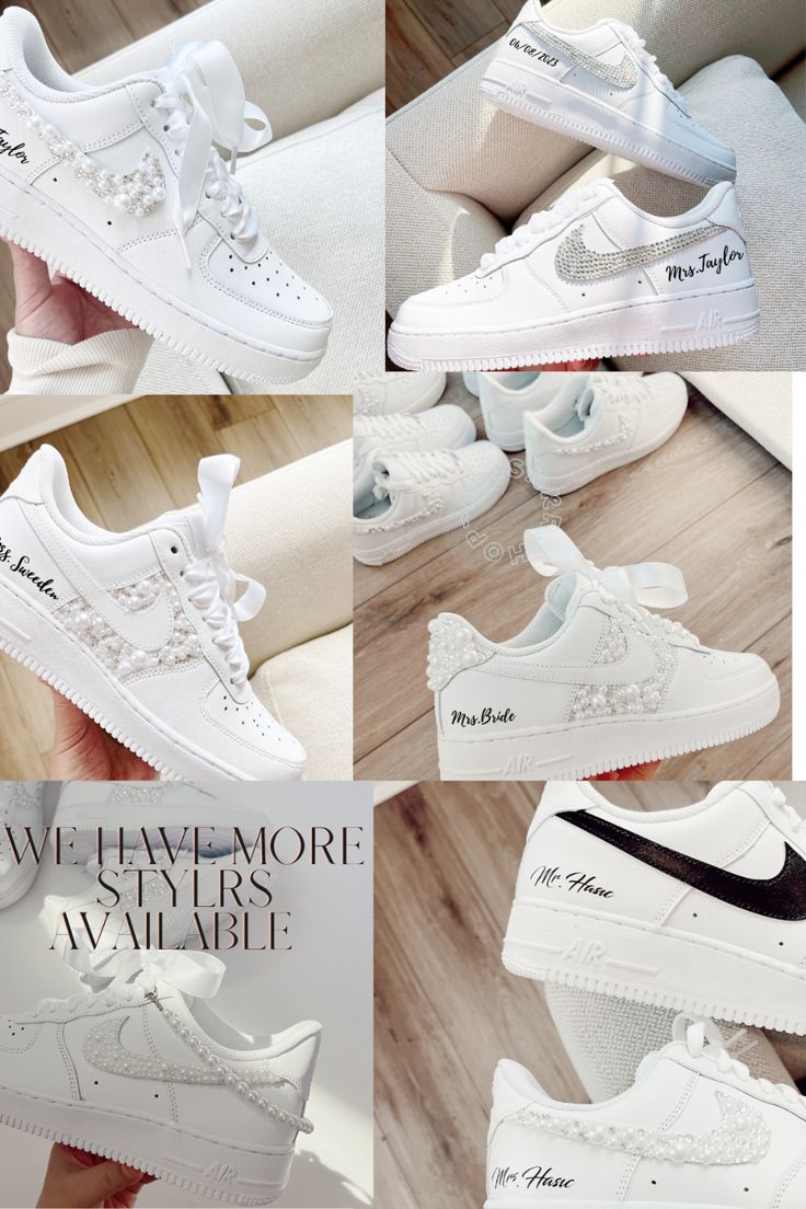 Wedding Reception Nikes, Custom Wedding Sneakers For Bride, Wedding Reception Tennis Shoes, Matching Sneakers Couples Wedding, Wedding Reception Sneakers, Bridal Air Force Ones, Bride Air Force Ones, Diy Wedding Sneakers, Wedding Reception Shoes For Bride