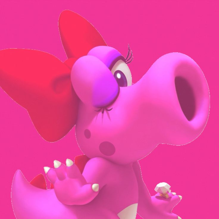 an animated pink elephant with big ears and large eyes holding something in its mouth while standing against a pink background