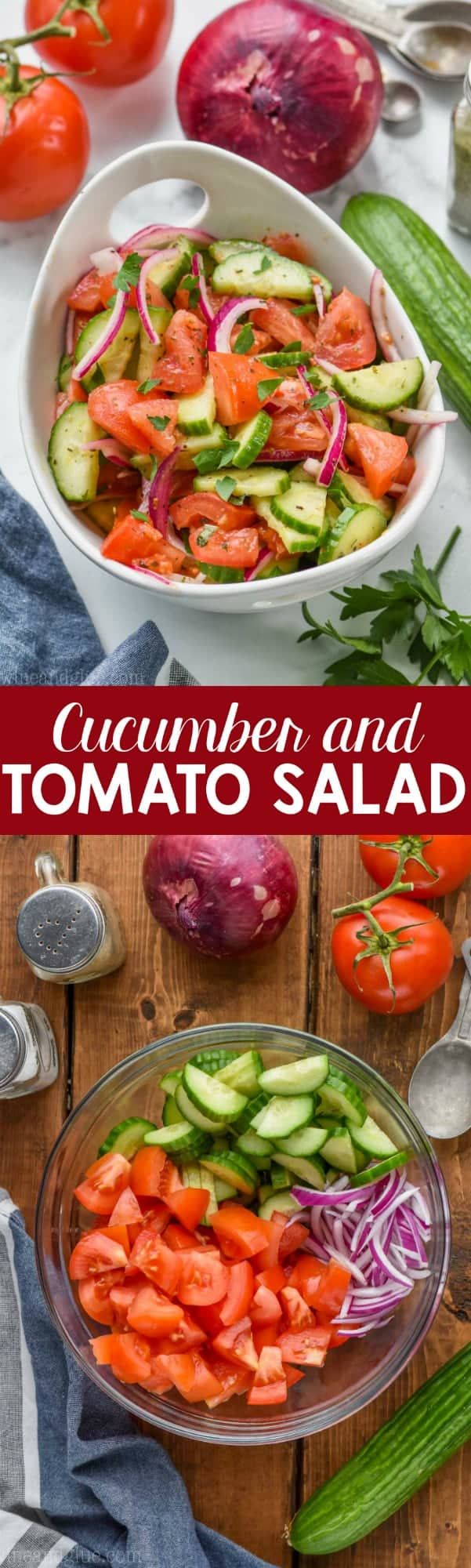 cucumber salad with tomatoes and red onions in a bowl