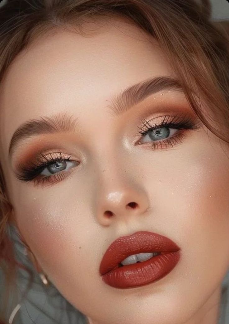 Sultry Makeup Blue Eyes, Terracota Wedding Makeup, Wedding Makeup Fall Autumn, Makeup For Christmas Pictures, Soft Glam Bold Lip, Brown Eye Makeup For Blue Eyes, Winter Makeup Brown Eyes, Bridal Makeup Blue Eyes Red Hair, Autumn Wedding Makeup Blue Eyes