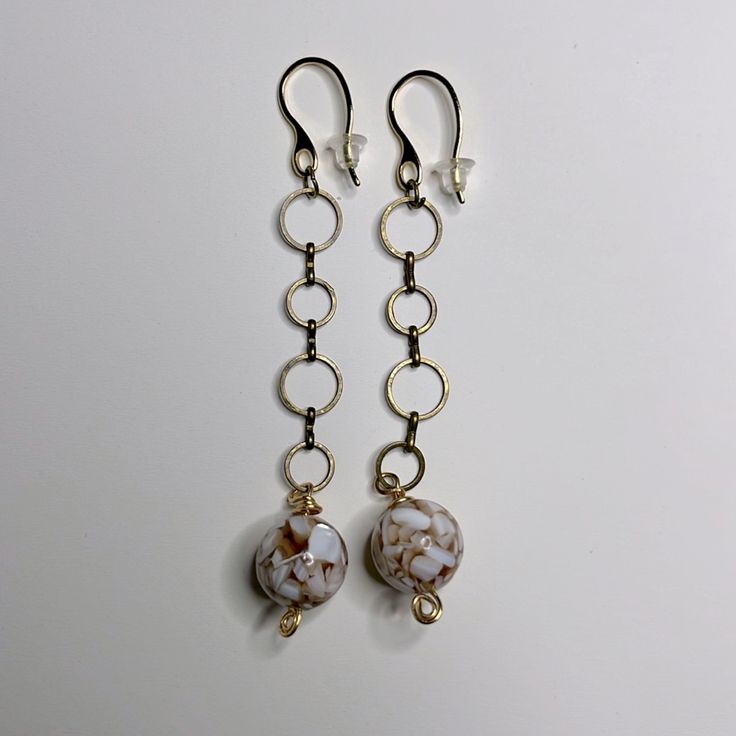 White And Tan Ball Drop Earrings On Mixed Metal. Art Deco. Pierced Ear Gold Wire Wrapped. Hand Crafted In The Usa. Gift Wrapped. Questions Welcome, Pet, Friendly, Smoke-Free. Hypoallergenic White Metal Earrings, Everyday White Wire Wrapped Earrings, Ball Drop Earrings, Pierced Ear, Mixed Metal Earrings, Mixed Metal Jewelry, Ball Drop, Gold Wire, Metal Earrings