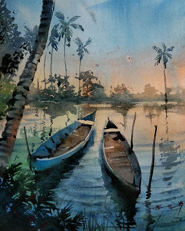 watercolor painting of two canoes on the river with palm trees in the background