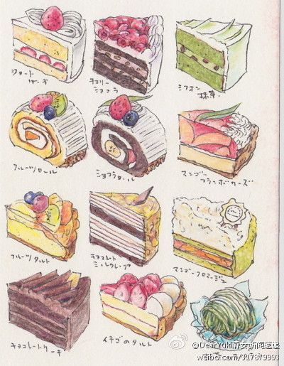 a drawing of many different types of cakes