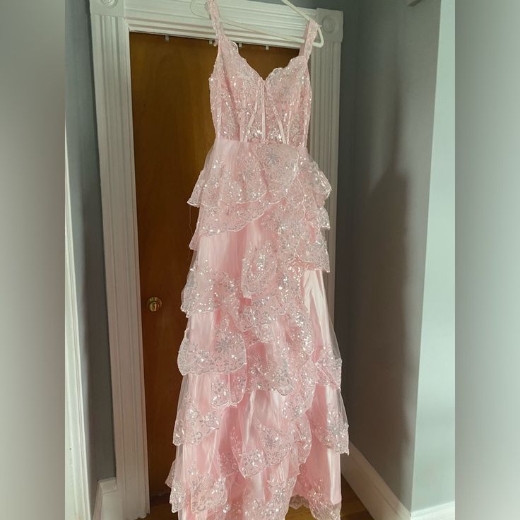 This Is A Size 4 Pink Off The Shoulder Dress With A Thigh High Slit On The Left, Has Silver Designs All Over. Never Worn. Pink Winter Formal Dress, Pastel Pink Hoco Dress, Sparkly Pink Dresses, Short Pink Sparkly Dress, Pink Homecoming Dress Long, Hoco Pink Dress, Pink Glitter Prom Dress, Fairy Castles, Pink Hoco Dress