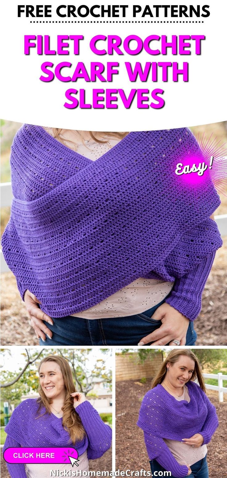 a woman wearing a purple shawl with text that reads, free crochet pattern for