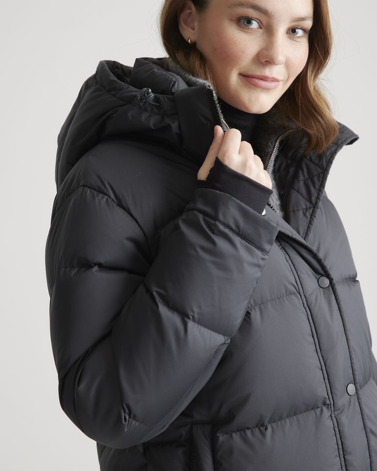 The perfect jacket for your cold-weather adventures is here: our Responsible Long Down Puffer Jacket. You'll be warm all winter long in even the coldest of climates, and the water-repellent and wind-resistant fabric make this jacket perfect for any winter activity. Plus, our down products are sourced responsibly to ensure best practices in animal welfare. Meet your new winter wardrobe staple for years to come.  | Quince | Women's Responsible Down Long Puffer Jacket in Black, Size XS, Recycled Po Winter Insulated Outerwear For Hiking, Nylon Puffer Jacket With Double-lined Hood For Cold Weather, Hooded Fall Outerwear In Recycled Polyester, Winter Hiking Insulated Outerwear, Insulated Winter Outerwear For Hiking, Winter Waterproof Puffer Jacket For Outdoor Activities, Functional Parka For Cold Weather And Fall, Functional Parka For Cold Weather In Fall, Weatherproof Winter Outerwear For Outdoor Activities