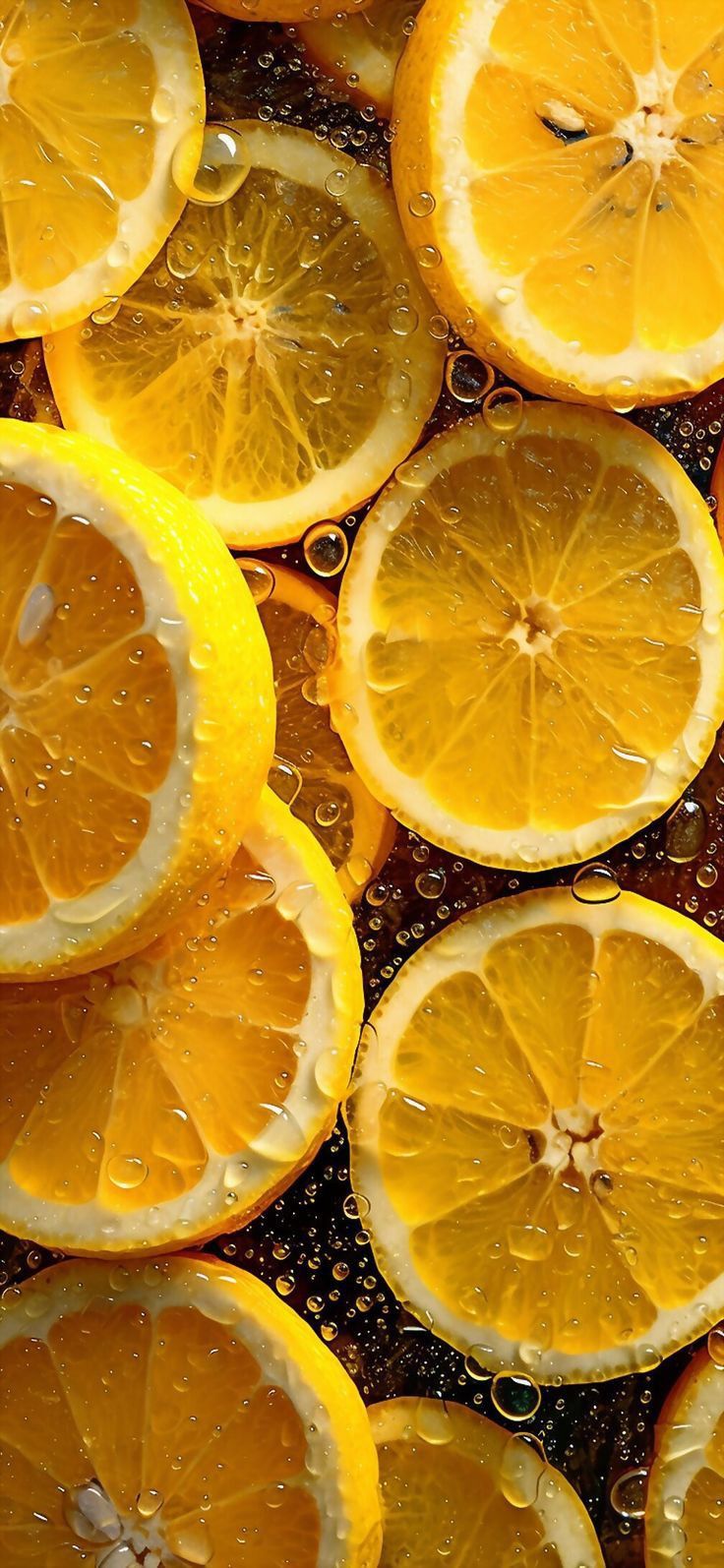 many oranges are cut in half and placed on top of each other with water droplets