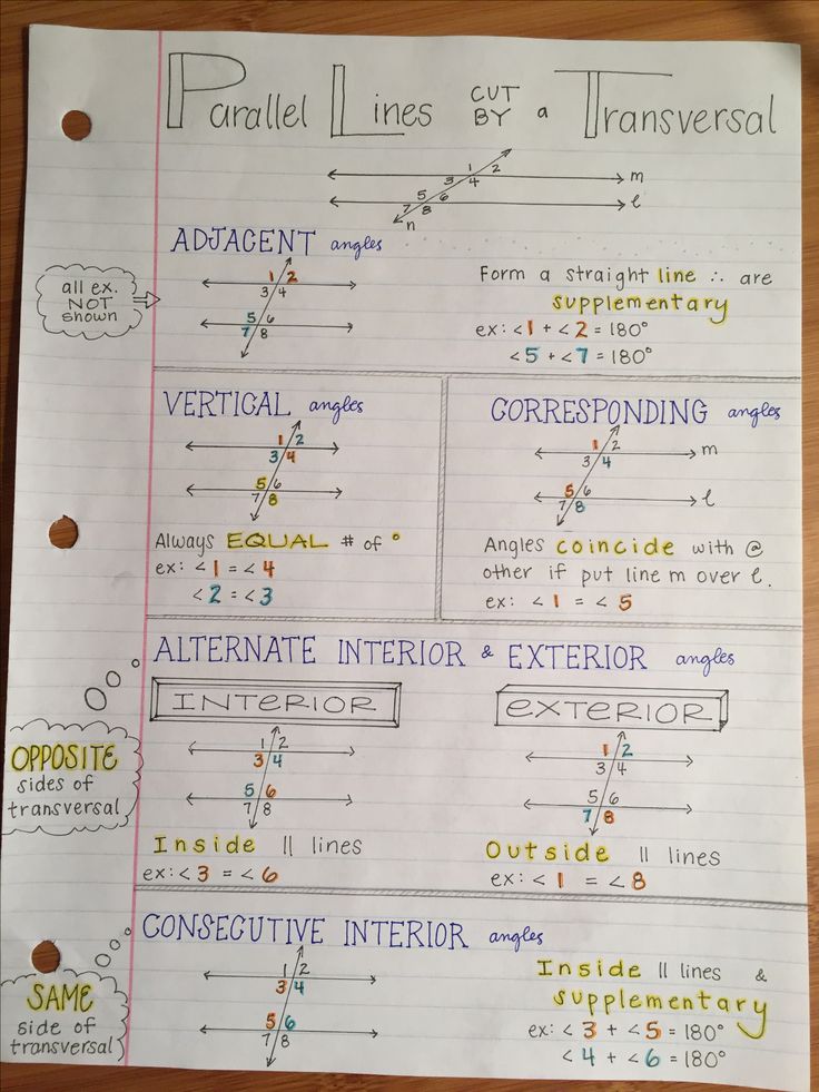 a sheet of paper with some writing on it that says parallel lines and transversal