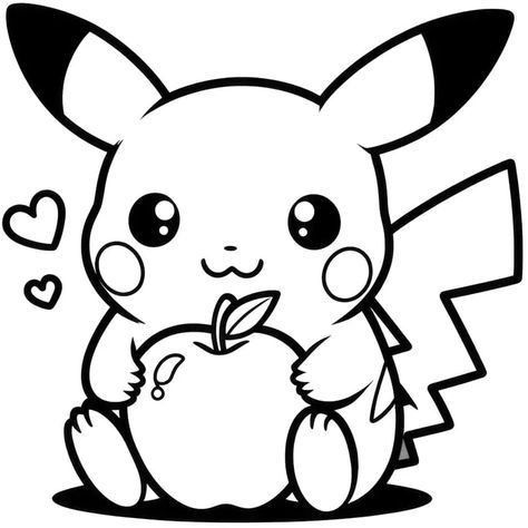 a cute pikachu eating an apple coloring pages, coloring sheets, pokemon pictures, cartoon drawings, kawaia art, person, anime characters, character design projects, drawing ideas, doos, my life, cool stuff