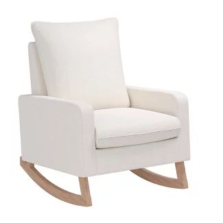 a white rocking chair with wooden legs and seat cushion on an isolated white background for use in children's room or playrooms