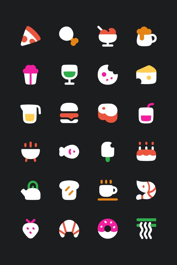 an assortment of food and drinks icons on a black background