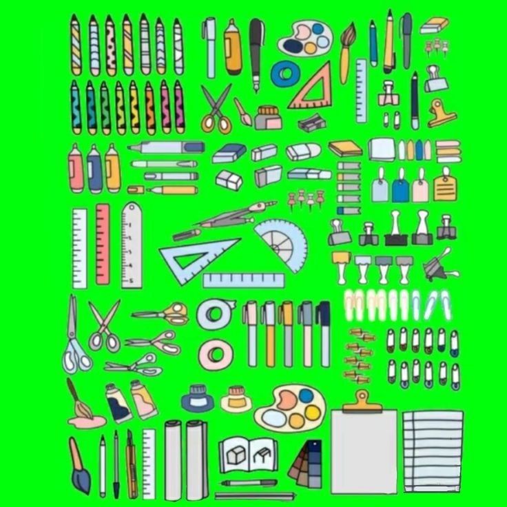 a green poster with many different items on it, including scissors and other things in the background